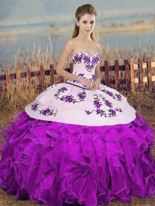 Luxurious Sleeveless Floor Length Embroidery and Ruffles and Bowknot Lace Up Sweet 16 Dress with White And Purple