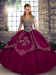 Fuchsia Tulle Lace Up Quinceanera Dress Sleeveless Floor Length Beading and Embroidery