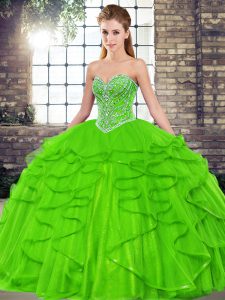 High Class Tulle Lace Up Sweetheart Sleeveless Floor Length Quince Ball Gowns Beading and Ruffles
