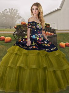 Chic Off The Shoulder Sleeveless 15 Quinceanera Dress Brush Train Embroidery and Ruffled Layers Olive Green Tulle