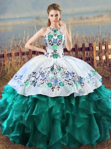 Superior Turquoise Halter Top Neckline Embroidery and Ruffles Quinceanera Gown Sleeveless Lace Up