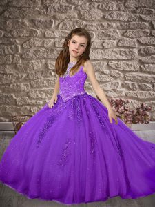 Sleeveless Beading and Appliques Zipper Pageant Dress for Teens with Lavender Brush Train