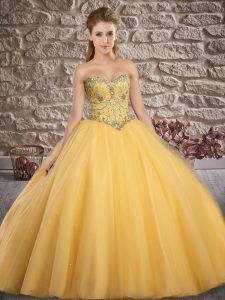 Gold Sleeveless Floor Length Beading Lace Up Sweet 16 Dresses