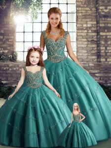 Teal Straps Neckline Beading and Appliques Quinceanera Dresses Sleeveless Lace Up