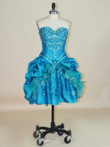 Adorable Teal Taffeta Lace Up Sweetheart Sleeveless Mini Length Prom Evening Gown Beading and Pick Ups