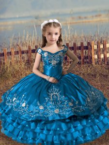 Off The Shoulder Sleeveless Satin and Organza Child Pageant Dress Embroidery and Ruffled Layers Lace Up