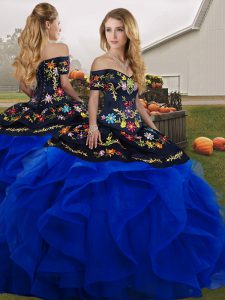 Enchanting Floor Length Blue And Black Ball Gown Prom Dress Tulle Sleeveless Embroidery and Ruffles