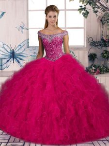 Cute Lace Up Ball Gown Prom Dress Hot Pink for Sweet 16 and Quinceanera with Beading and Ruffles Brush Train