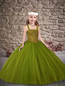 Olive Green Tulle Lace Up Child Pageant Dress Sleeveless Floor Length Beading