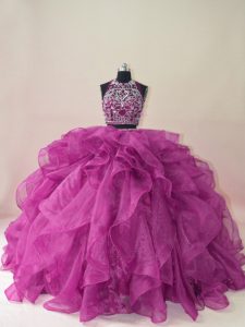 Stunning Fuchsia Ball Gowns Scoop Sleeveless Organza Brush Train Backless Beading and Ruffles Quinceanera Dresses
