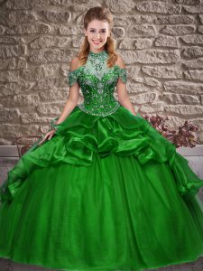 Eye-catching Green Ball Gowns Beading and Ruffles Quinceanera Gowns Lace Up Organza Sleeveless Floor Length