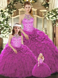 Amazing Organza Halter Top Sleeveless Lace Up Beading and Ruffles Sweet 16 Dresses in Fuchsia