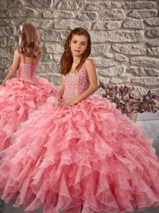 Most Popular Sleeveless Sweep Train Beading and Ruffles Lace Up Child Pageant Dress