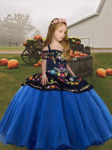 Sleeveless Organza Floor Length Lace Up Kids Formal Wear in Blue with Embroidery