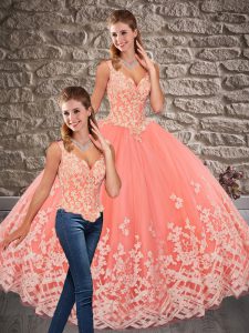 Beautiful Peach Two Pieces V-neck Sleeveless Tulle Brush Train Lace Up Appliques Quince Ball Gowns