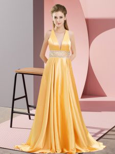 High Quality V-neck Sleeveless Prom Evening Gown Brush Train Beading Gold Elastic Woven Satin
