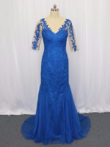 Great Blue Scoop Neckline Lace and Appliques Prom Gown 3 4 Length Sleeve Zipper