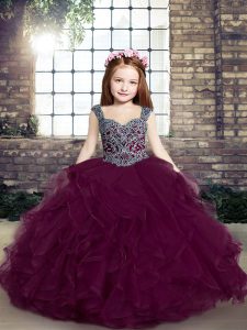 Admirable Tulle Straps Sleeveless Lace Up Beading and Ruffles Little Girl Pageant Gowns in Purple