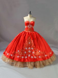 Admirable Sweetheart Sleeveless Quinceanera Gowns Floor Length Embroidery Red Organza