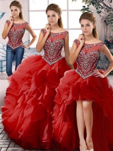 Exquisite Floor Length Zipper Sweet 16 Dresses Red for Sweet 16 and Quinceanera with Beading and Ruffles