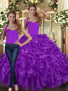 Superior Organza Halter Top Sleeveless Lace Up Ruffles 15 Quinceanera Dress in Purple