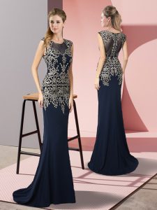Excellent Sleeveless Appliques Zipper Party Dress with Navy Blue Sweep Train