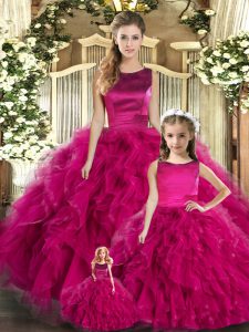 Sophisticated Fuchsia Ball Gowns Scoop Sleeveless Tulle Floor Length Lace Up Ruffles Vestidos de Quinceanera