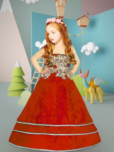 Floor Length Lace Up Girls Pageant Dresses Orange Red for Wedding Party with Beading and Appliques