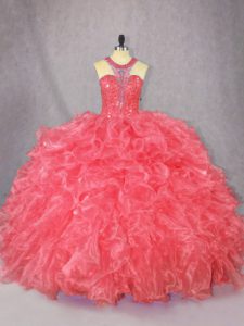 Cute Coral Red Zipper Quinceanera Dresses Beading and Ruffles Sleeveless Floor Length