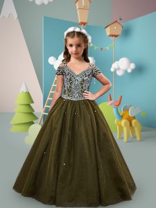 Beauteous Ball Gowns Kids Formal Wear Brown Off The Shoulder Tulle Short Sleeves Floor Length Lace Up