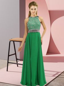 Exquisite Scoop Sleeveless Prom Evening Gown Floor Length Beading Green Chiffon