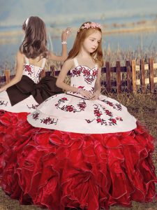 Red Sleeveless Floor Length Embroidery and Ruffles Lace Up Little Girls Pageant Dress Wholesale
