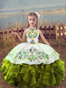 Embroidery and Ruffles Little Girls Pageant Dress Olive Green Lace Up Sleeveless Floor Length