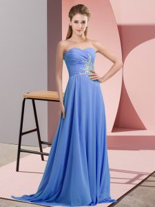 Inexpensive Blue Lace Up Dress for Prom Beading and Ruching Sleeveless Floor Length