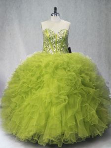 Olive Green Ball Gowns Sweetheart Sleeveless Tulle Floor Length Lace Up Beading and Ruffles Sweet 16 Dresses