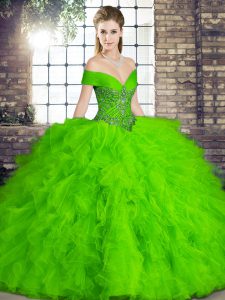 Sleeveless Floor Length Beading and Ruffles Lace Up Sweet 16 Dresses with Green
