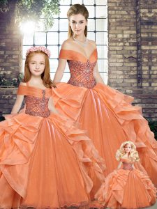 Free and Easy Orange Sleeveless Floor Length Beading and Ruffles Lace Up Quinceanera Dresses