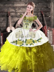 Off The Shoulder Sleeveless Lace Up 15 Quinceanera Dress Olive Green Organza