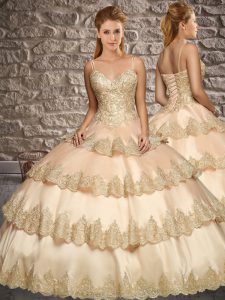 Pretty Sleeveless Satin Floor Length Lace Up Quince Ball Gowns in Champagne with Appliques and Ruffled Layers