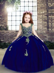 Appliques Little Girls Pageant Dress Royal Blue Lace Up Sleeveless Floor Length