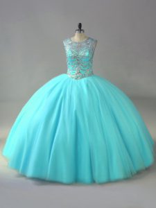 High Class Sleeveless Beading Lace Up Quinceanera Dress with Aqua Blue