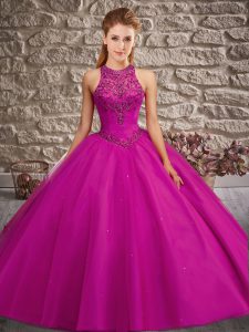 Fuchsia Sleeveless Beading Lace Up Ball Gown Prom Dress