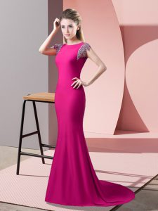 Hot Pink Dress for Prom Prom and Party with Beading High-neck Short Sleeves Brush Train Backless