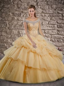 Brush Train Ball Gowns Quinceanera Dress Gold Off The Shoulder Organza Cap Sleeves Lace Up