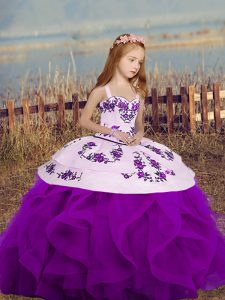 Customized Floor Length Purple Girls Pageant Dresses Sleeveless Embroidery and Ruffles