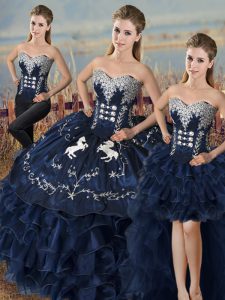 Navy Blue Sleeveless Embroidery and Ruffles Lace Up 15 Quinceanera Dress