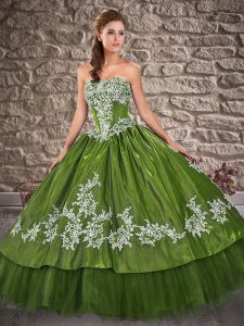Floor Length Lace Up 15 Quinceanera Dress Olive Green for Military Ball and Sweet 16 and Quinceanera with Appliques