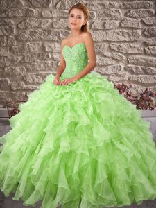 Pretty Ball Gowns Organza Sweetheart Sleeveless Beading and Ruffles Lace Up Sweet 16 Quinceanera Dress Brush Train