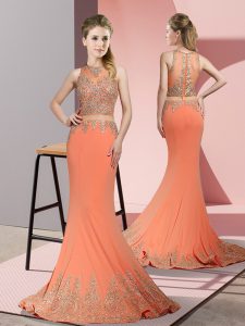 Sweep Train Mermaid Prom Dress Orange Red High-neck Satin Sleeveless Zipper