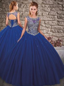 Attractive Royal Blue Sleeveless Floor Length Beading Lace Up Quinceanera Gowns